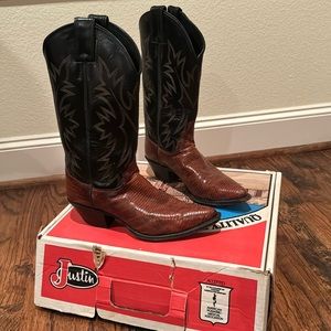 Justin Cowboy Boots Womens 7.5 Teju Lizard Pointed Toe Brown